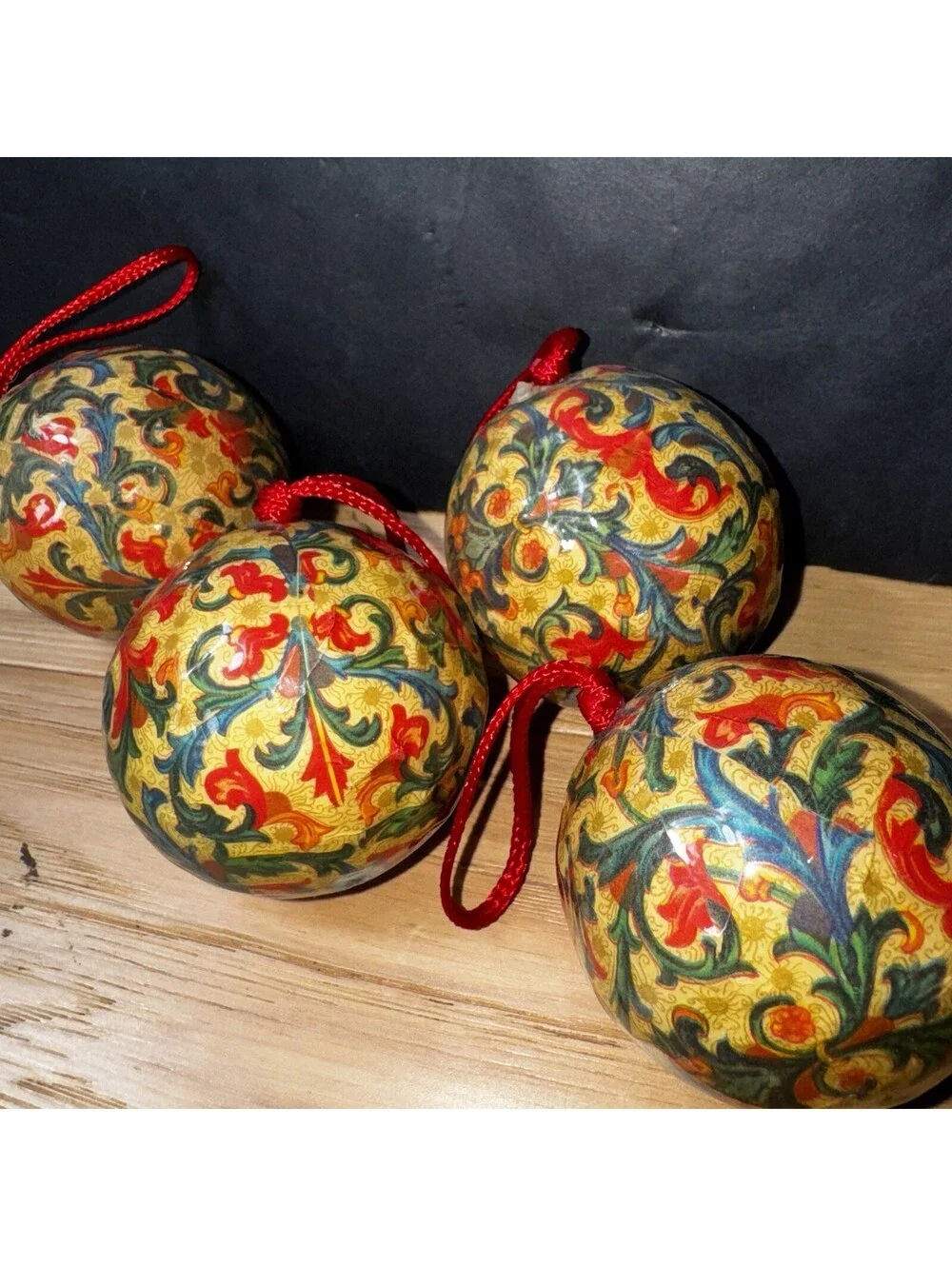 Set of 4 Vintage Floral Christmas Tree Ornaments 2.5” Decoupage Baubles Hanging